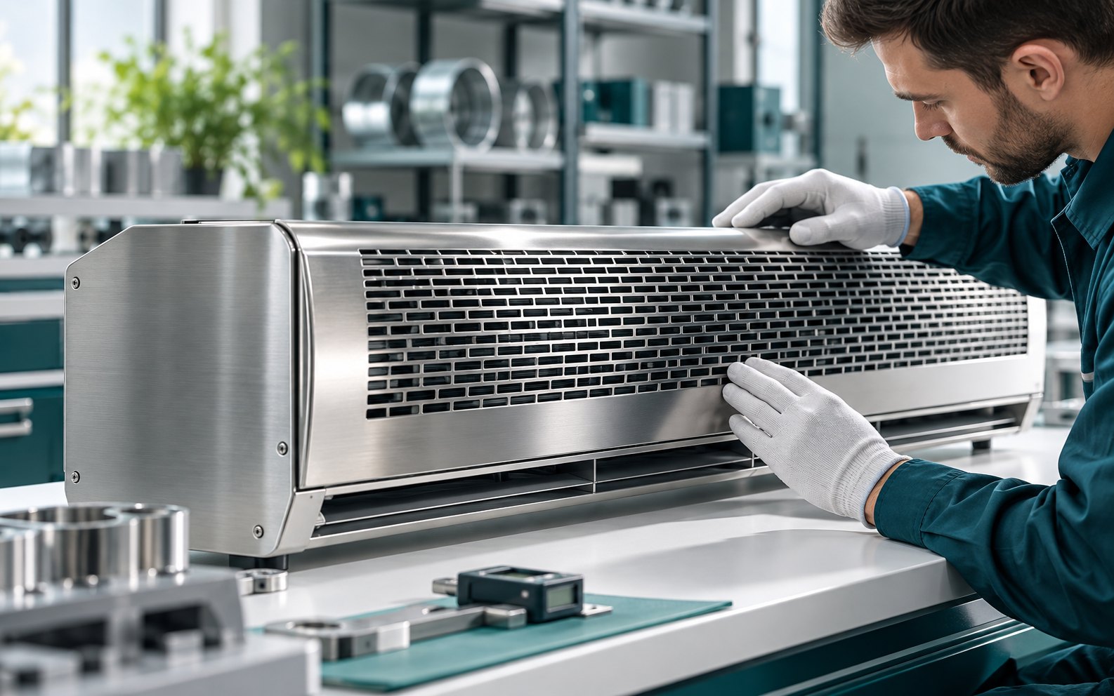 Technician inspecting an air curtain in a precision workshop