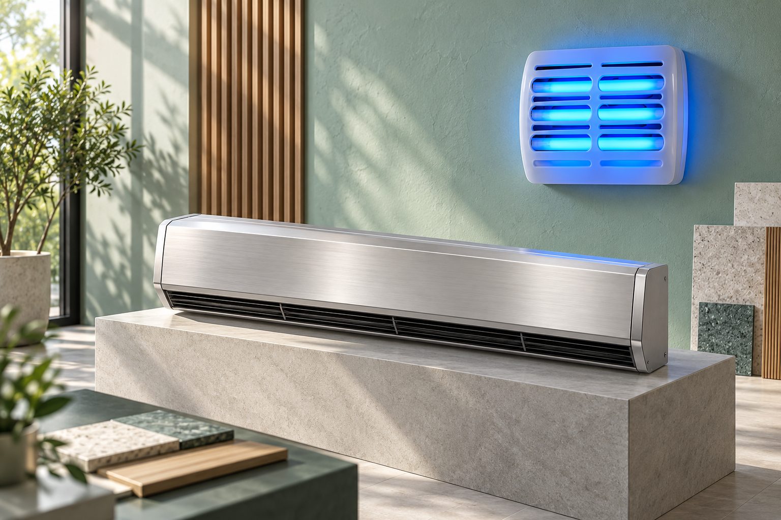 Air curtain and illuminated fly trap presented together in a studio